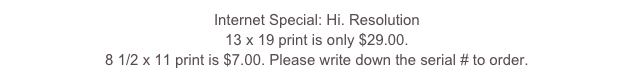 Internet Special: Hi. Resolution
13 x 19 print is only $29.00. 
8 1/2 x 11 print is $7.00. Please write down the serial # to order.
